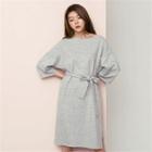 Slit-side Wool Blend Dress With Sash