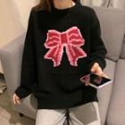 Ribbon Jacquard Sweater Bow Print - Black - One Size