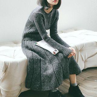 Set: Rib Knit Sweater + Midi A-line Knit Skirt