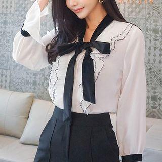 Tie-neck Contrast Trim Blouse