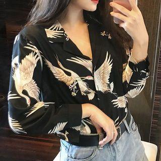 Long-sleeve Graphic Print Open-collar Shirt