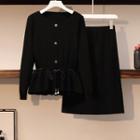 Set: Drawcord V-neck Knit Top + A-line Knit Skirt