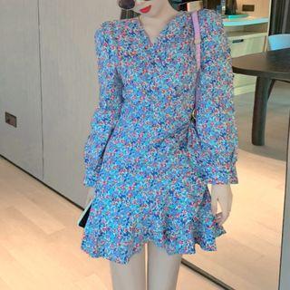 Long-sleeve Floral Print Ruffle Trim A-line Dress As Shown In Figure - One Size