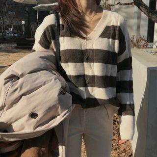 V-neck Wool Blend Stripe Sweater