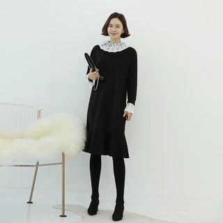Lace-collar Flounced-hem Midi Dress