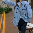 Long-sleeve Heart Embroidered Denim Shirt Blue - One Size