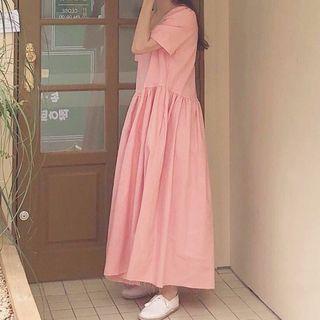 Round-neck Short-sleeve Plain Maxi Dress