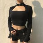 Buckled Choker-neck Long-sleeve Cropped Top