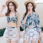 Set: Printed Bikini Top + Swim Skirt + Cold-shoulder Bell-sleeve Top