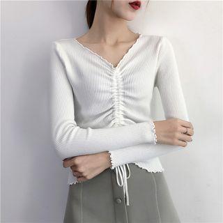 Long Sleeve Drawstring V-neck Knit Top