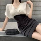 Short-sleeve V-neck Two-tone Slim-fit Dress