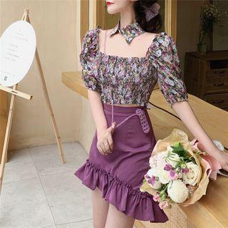 Square-neck Flower Print Blouse / Mermaid Skirt