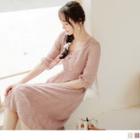 Elbow Sleeve Square Neck Embroidered A-line Dress