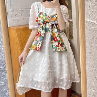 Short-sleeve Polka Dot Mesh Dress White - One Size