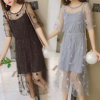Set: Slipdress + Elbow-sleeve Sheer A-line Midi Dress