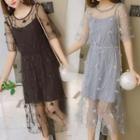 Set: Slipdress + Elbow-sleeve Sheer A-line Midi Dress