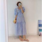 Gingham Puff-sleeve A-line Midi Dress