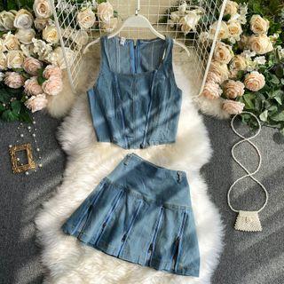 Set : Sleeveless Denim Top + Mini Denim Skirt