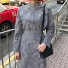 Mandarin-collar Gingham Long Wrap Dress
