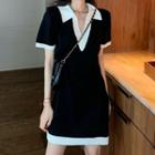 Short-sleeve Contrast Trim Mini Dress Black - One Size
