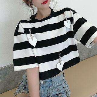 Elbow-sleeve Heart Charm Striped T-shirt Stripes - Black & White - One Size
