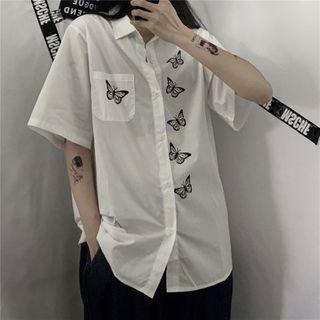 Butterfly Print Short-sleeve Button-down Shirt