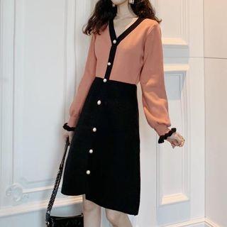 Color Panel Long-sleeve Knit A-line Dress
