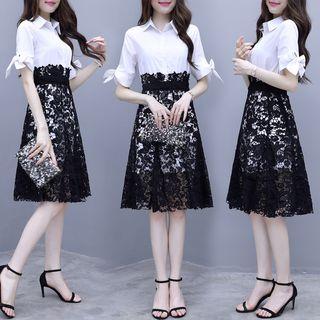 Set: Short-sleeve Shirtdress + A-line Lace Skirt