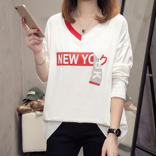 Letter Printed V-neck Long Sleeve T-shirt