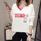 Letter Printed V-neck Long Sleeve T-shirt