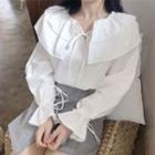Long Sleeve Ruffle Trim Lace-up Plain Shirt