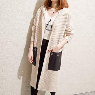 Contrast Pocked Hooded Long Cardigan