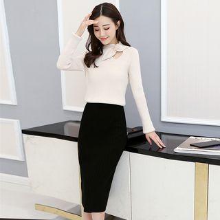 Set: Bow-accent Knit Top + Knit Midi Dress