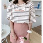 Short-sleeve Striped Lettering Embroidered T-shirt