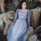 Square-neck Long-sleeve Midi A-line Dress