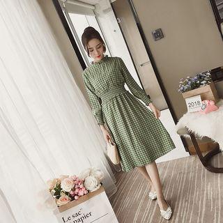 Plaid Long-sleeve Midi Chiffon Dress