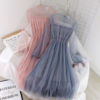Long-sleeve Faux Pearl Midi Mesh Dress