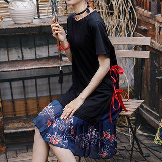 Mock Two-piece Pleated-hem Short-sleeve Dress