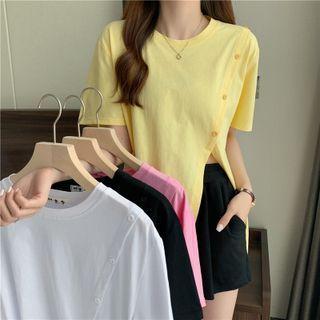 Round-neck Plain Slit Short-sleeve Top