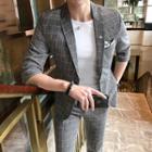 Set : Elbow-sleeve Plaid Blazer + Dress Pants