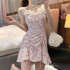 Spaghetti Strap Floral Mini A-line Dress / Ruffle Trim Cardigan