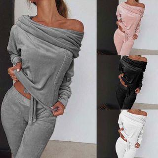 Set: Plain Velvet Long Sleeve Top + Pants