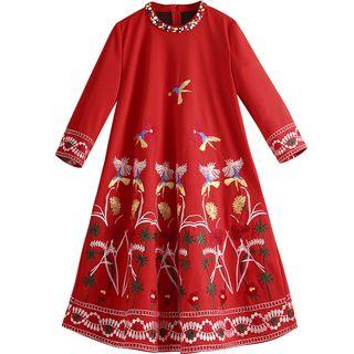 Flower Embroidered Embellished Collar Long Sleeve Dress