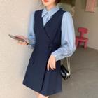Set: Long-sleeve Plain Shirt + Sleeveless V-neck Mini A-line Dress
