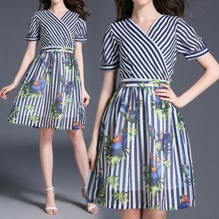 Striped V-neck Short-sleeve A-line Dress