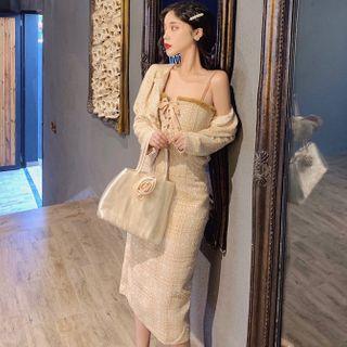 Spaghetti-strap Midi Tweed Sheath Dress / Tweed Jacket