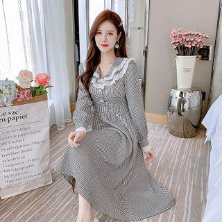 Long-sleeve Lace-trim Check Dress