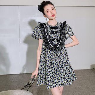 Short-sleeve Mesh Trim Floral Mini A-line Dress