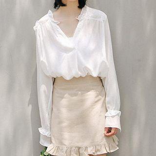 V-neck Side-slit Blouse