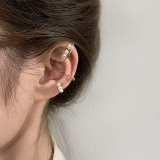Set Of 3: Faux Pearl / Wavy Alloy Cuff Earring (various Designs) Set Of 3 - Gold - One Size